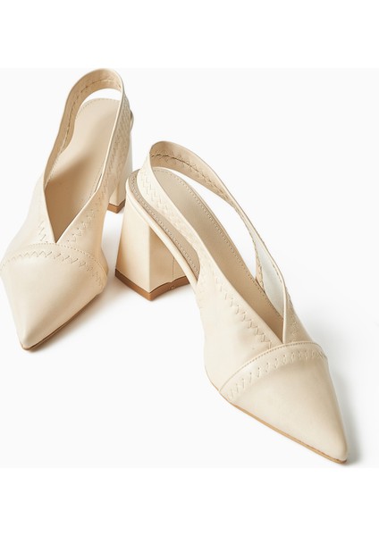Essie Ekru Sivri Burunlu Elastik Dikiş Detaylı Kalın Topuklu Kadın Ayakkabı