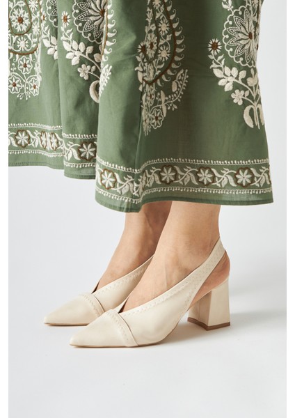 Essie Ekru Sivri Burunlu Elastik Dikiş Detaylı Kalın Topuklu Kadın Ayakkabı fiyatları