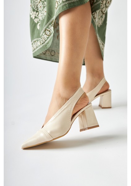 Essie Ekru Sivri Burunlu Elastik Dikiş Detaylı Kalın Topuklu Kadın Ayakkabı modelleri