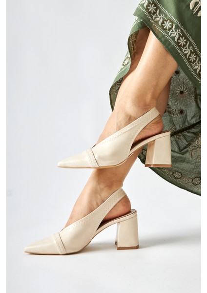 Essie Ekru Sivri Burunlu Elastik Dikiş Detaylı Kalın Topuklu Kadın Ayakkabı indirimleri