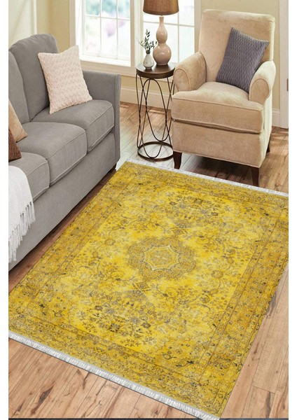 Sarı Çiçekli Desen Kaymaz Taban Kilim Yıkanabilir Yolluk Dot Tabanlı Salon Halısı 4182A