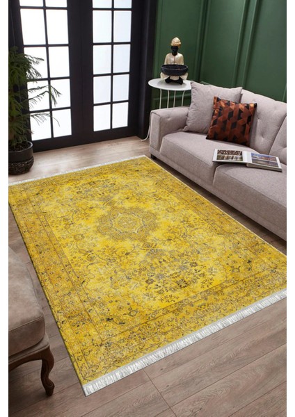 Sarı Çiçekli Desen Kaymaz Taban Kilim Yıkanabilir Yolluk Dot Tabanlı Salon Halısı 4182A fiyatları