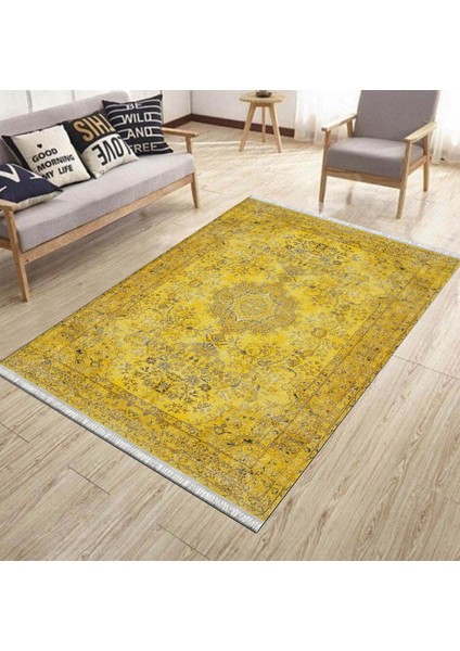Sarı Çiçekli Desen Kaymaz Taban Kilim Yıkanabilir Yolluk Dot Tabanlı Salon Halısı 4182A modelleri