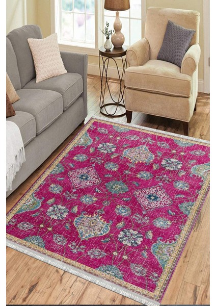 Pembe Vintage Yolluk Kaymaz Taban Kilim Yıkanabilir Yolluk Dot Tabanlı Salon Halısı 4135A