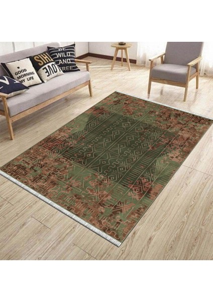 Haki Renk Vintage Desen Kaymaz Taban Kilim Yıkanabilir Yolluk Dot Tabanlı Salon Halısı 4205D modelleri