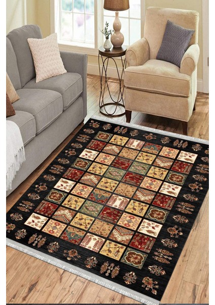 Siyah Otantik Halı Yıkanabilir Halı Kaymaz Taban Kilim Dot Tabanlı Oturma Odası Halısı 4026A