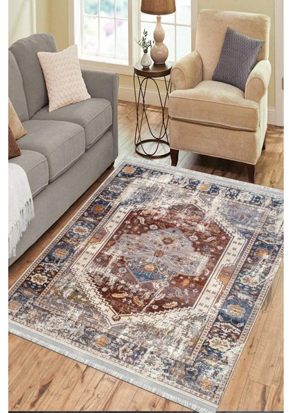 Vintage Dijital Halı Yıkanabilir Halı Kaymaz Taban Kilim Dot Tabanlı Oturma Odası Halısı 4044A