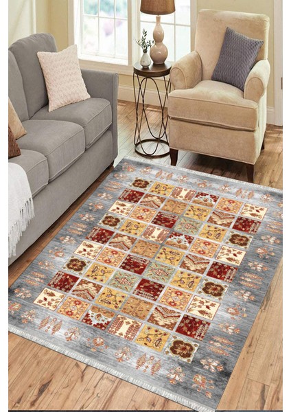 Gri Otantik Halı Yıkanabilir Halı Kaymaz Taban Kilim Dot Tabanlı Oturma Odası Halısı 4026B
