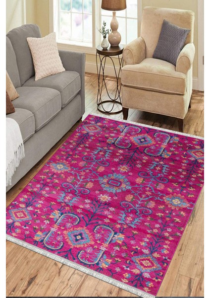 Pembe Çiçekli Desen Yıkanabilir Halı Kaymaz Taban Kilim Dot Tabanlı Oturma Odası Halısı 4064B
