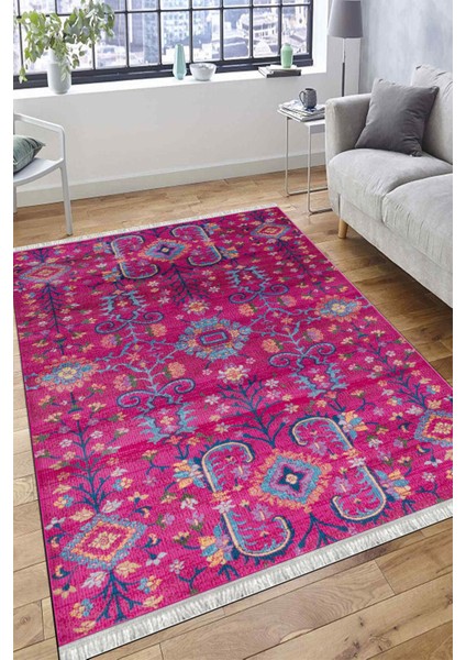 Pembe Çiçekli Desen Yıkanabilir Halı Kaymaz Taban Kilim Dot Tabanlı Oturma Odası Halısı 4064B fırsatları