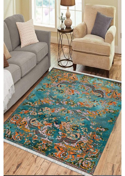 Yeşil Otantik Halı Kaymaz Taban Kilim Yıkanabilir Yolluk Dot Tabanlı Salon Halısı 4208B