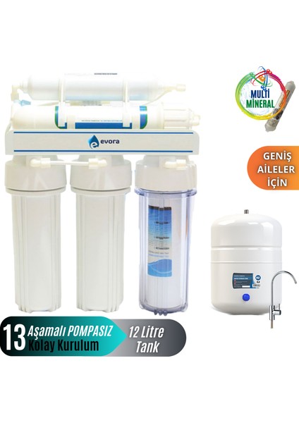 13 Aşamalı Açık Kasa 12 Litre Pompasız Su Arıtma Cihazı Mineralli Su Özellikli