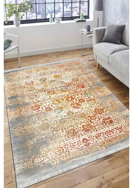 Bej Çiçekli Desen Yıkanabilir Halı Kaymaz Taban Kilim Dot Tabanlı Oturma Odası Halısı 4065A fırsatları