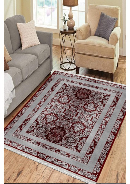 Bordo Klasik Desen Kaymaz Taban Kilim Yıkanabilir Yolluk Dot Tabanlı Salon Halısı 4164C