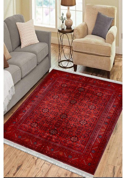 Kırmızı Vintage Desen Kaymaz Taban Kilim Yıkanabilir Yolluk Dot Tabanlı Oturma Odası Halısı 4066A