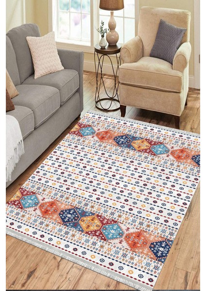 Beyaz Otantik Desenli Halı Kaymaz Taban Kilim Yıkanabilir Yolluk Dot Tabanlı Salon Halısı 4151A