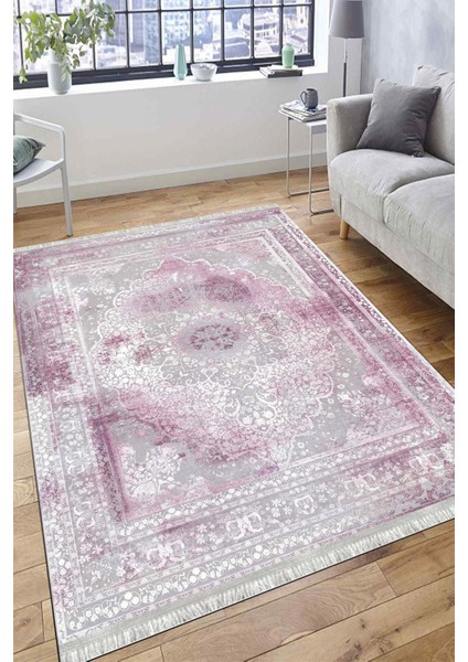 Lila Çiçekli Desen Kaymaz Taban Kilim Yıkanabilir Yolluk Dot Tabanlı Salon Halısı 4169A fırsatları