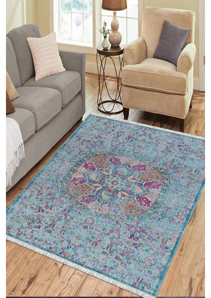 Mavi Klasik Desen Kaymaz Taban Kilim Yıkanabilir Yolluk Dot Tabanlı Salon Halısı 4193A
