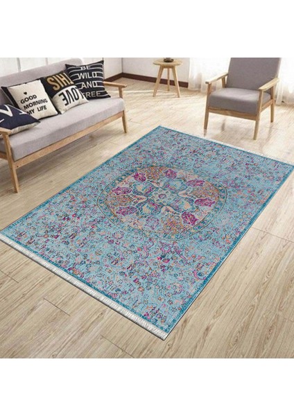 Mavi Klasik Desen Kaymaz Taban Kilim Yıkanabilir Yolluk Dot Tabanlı Salon Halısı 4193A modelleri