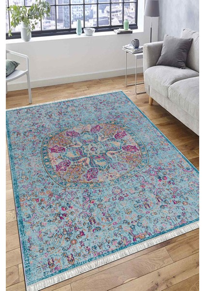 Mavi Klasik Desen Kaymaz Taban Kilim Yıkanabilir Yolluk Dot Tabanlı Salon Halısı 4193A fırsatları