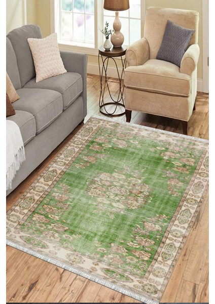 Yeşil Çiçekli Desen Kaymaz Taban Kilim Yıkanabilir Yolluk Dot Tabanlı Salon Halısı 4186A