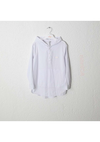 Kapşonlu Kanguru Cepli Gömlek Beyaz