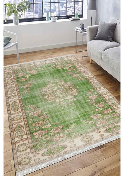 Yeşil Çiçekli Desen Kaymaz Taban Kilim Yıkanabilir Yolluk Dot Tabanlı Salon Halısı 4186A fırsatları