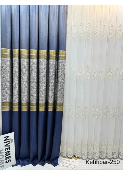 Nivemeshome Kehribar FT614162 Lacivert V-250 1/3 Sık Pileli Fon Perde Apm