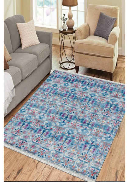 Eskitme Mavi Çiçekli Desen Kaymaz Taban Kilim Yıkanabilir Yolluk Dot Tabanlı Salon Halısı 4197A