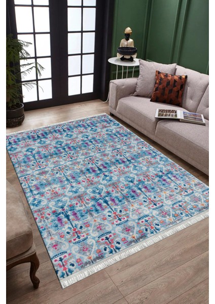 Eskitme Mavi Çiçekli Desen Kaymaz Taban Kilim Yıkanabilir Yolluk Dot Tabanlı Salon Halısı 4197A fiyatları