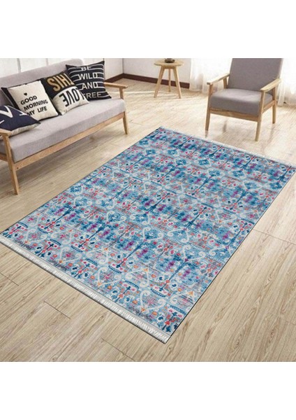 Eskitme Mavi Çiçekli Desen Kaymaz Taban Kilim Yıkanabilir Yolluk Dot Tabanlı Salon Halısı 4197A modelleri