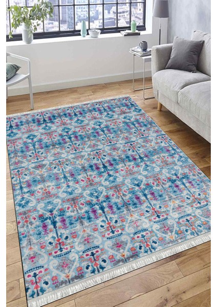 Eskitme Mavi Çiçekli Desen Kaymaz Taban Kilim Yıkanabilir Yolluk Dot Tabanlı Salon Halısı 4197A fırsatları