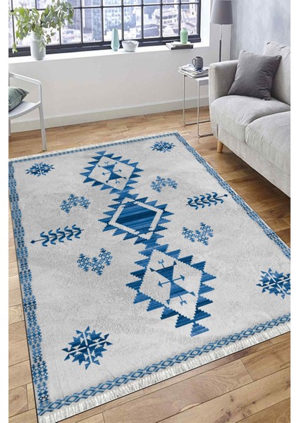 Gri Mavi Otantik Halı Kaymaz Taban Kilim Yıkanabilir Yolluk Dot Tabanlı Salon Halısı 4209B fırsatları