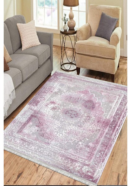Lila Çiçekli Desen Kaymaz Taban Kilim Yıkanabilir Yolluk Dot Tabanlı Salon Halısı 4169A