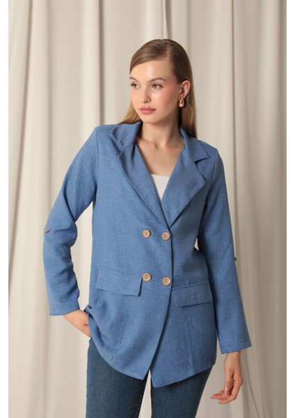 Melanj Keten Kumaş Kadın Indigo Ceket