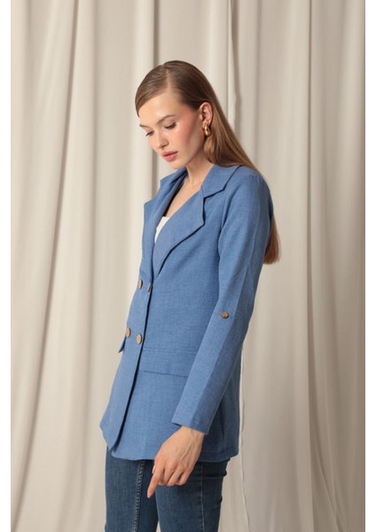 Melanj Keten Kumaş Kadın Indigo Ceket fiyatları