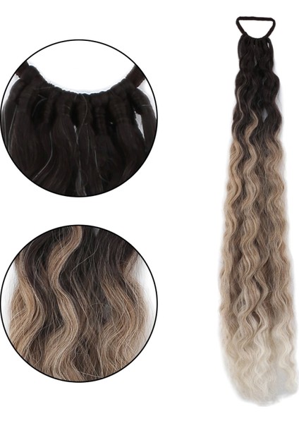 Lastik Tokalı At Kuyruğu Kabarık Afro Dalgalı - Kahverengi / Kumral Ombre Beyaz Platin Röfle