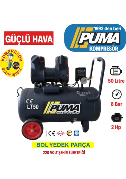 Hızlı Yüksek Verimli Yağsız Pistonlu Kompresör - 50 Lt - 2 Hp - 8 Bar - Hava Üretimi: 245 Lt/dk. - 220 Volt