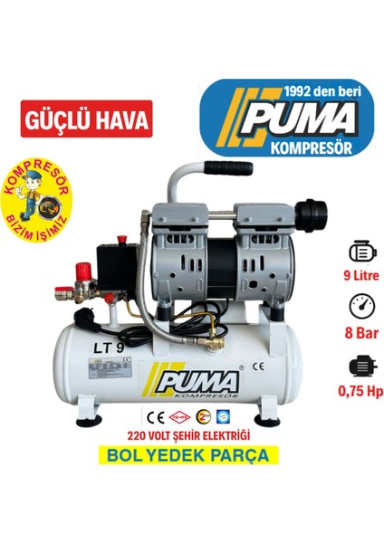 Sessiz Ve Yağsız 9 Lt. 0,75 Hp Çanta Tipi Kompresör