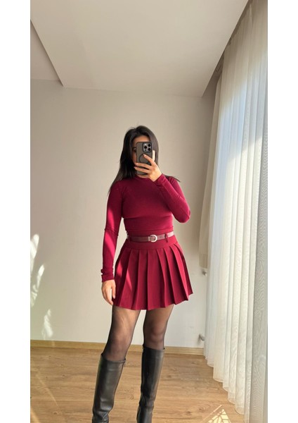 Bordo Içi Şortlu Bordo Kemerli Pileli Etek modelleri