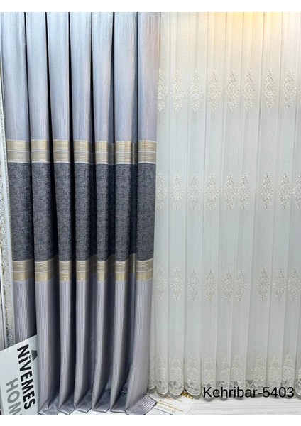 Nivemeshome Kehribar FT614162 Gri V-5403 Pano Fon Perde 1/3 Sık Pileli Perde Apm