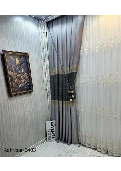 Nivemeshome Kehribar FT614162 Gri V-5403 Pano Fon Perde 1/3 Sık Pileli Perde Apm indirimleri