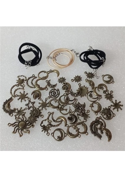 (50 x Adet) 1 Set Karışık Antika Bronz & Simli Güneş & Ay & Yıldız / Bileklik & Küpe & Kolye Ucu indirimleri