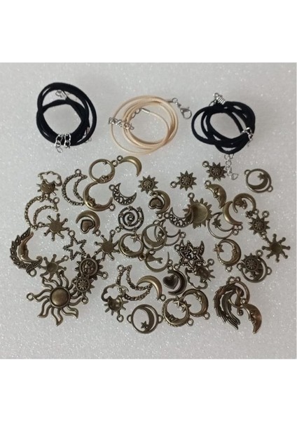 (50 x Adet) 1 Set Karışık Antika Bronz & Simli Güneş & Ay & Yıldız / Bileklik & Küpe & Kolye Ucu