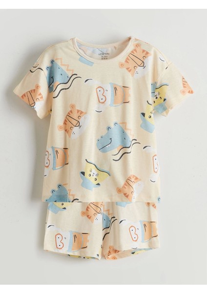 Lcw Baby Bej Baskılı Erkek Bebek Tişört ve Şort 2'li