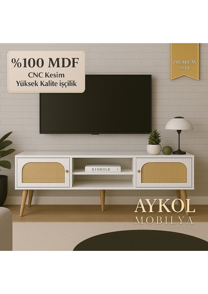 %100 Mdf Rattan(Jüt Kumaş ) Kapaklı Tv Ünitesi (180 Cm) – Premium Seri
