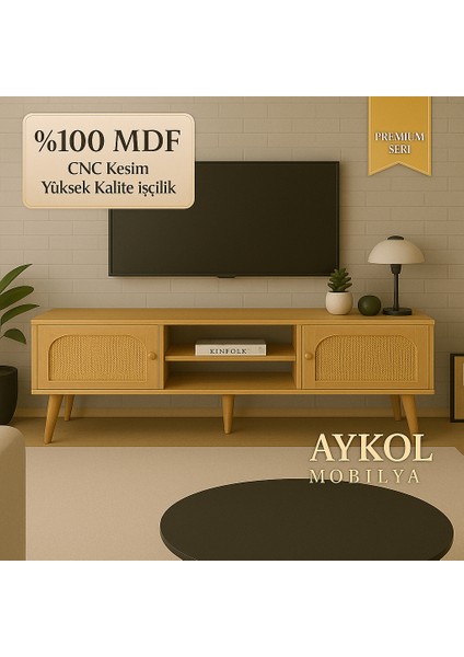 %100 Mdf Rattan(Jüt Kumaş ) Kapaklı Tv Ünitesi (180 Cm) – Premium Seri