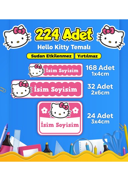 Hello Kitty Okul Kreş İsim Etiketi Kalem Defter Özel İsim Yazılabilen Etiket Seti Model 5 - 224 Adet