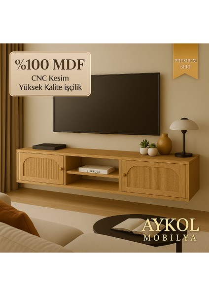 %100 Mdf Rattan(Jüt Kumaş ) Kapaklı Tv Ünitesi (180 Cm) – Premium Seri