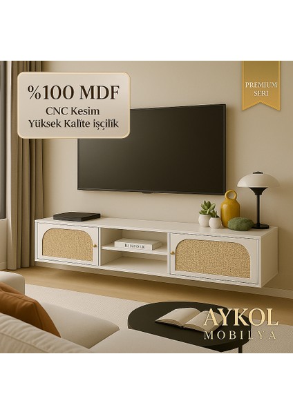 %100 Mdf Rattan(Jüt Kumaş ) Kapaklı Tv Ünitesi (180 Cm) – Premium Seri